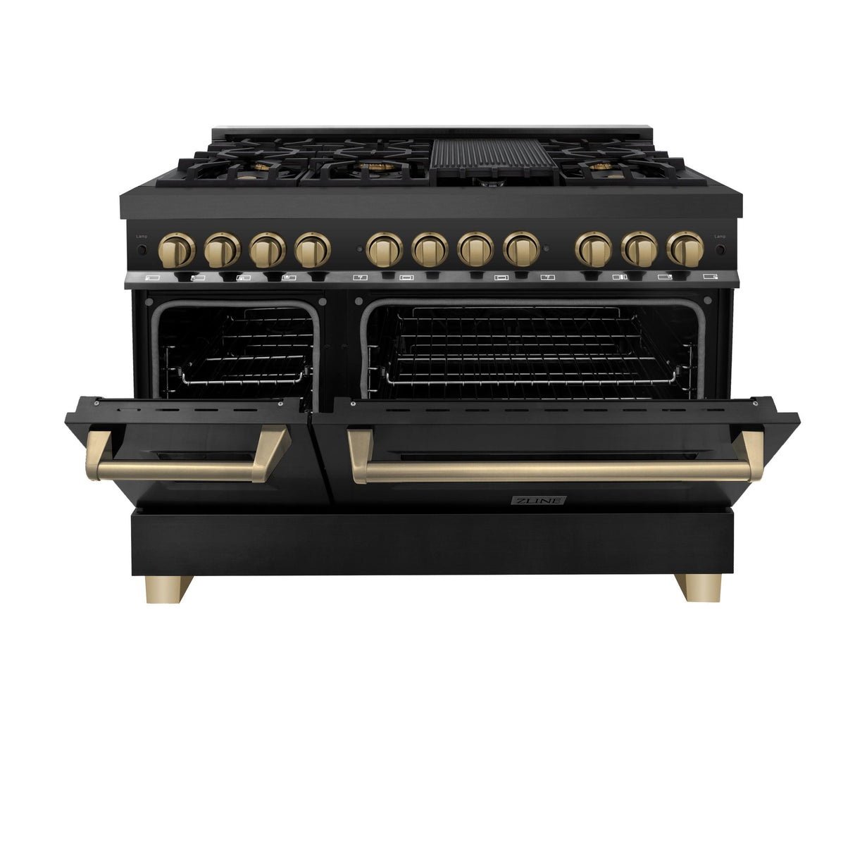 ZLINE Autograph Edition 48" 6.0 cu. ft. Dual Fuel Range with Gas Stove and Electric Oven in Black Stainless Steel with Accents (RABZ-48) [Color: Champagne Bronze] - (RABZ48CB)