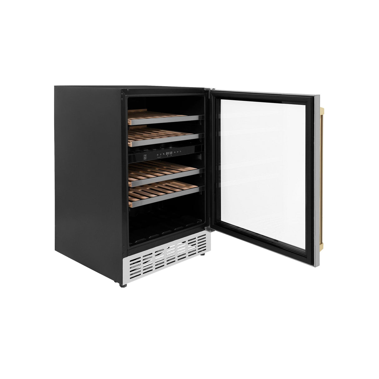 ZLINE 24" Autograph Edition Dual Zone 44-Bottle Wine Cooler in Stainless Steel with Wood Shelf and Champagne Bronze Accents (RWVZ-UD-24-CB) - (RWVZUD24CB)