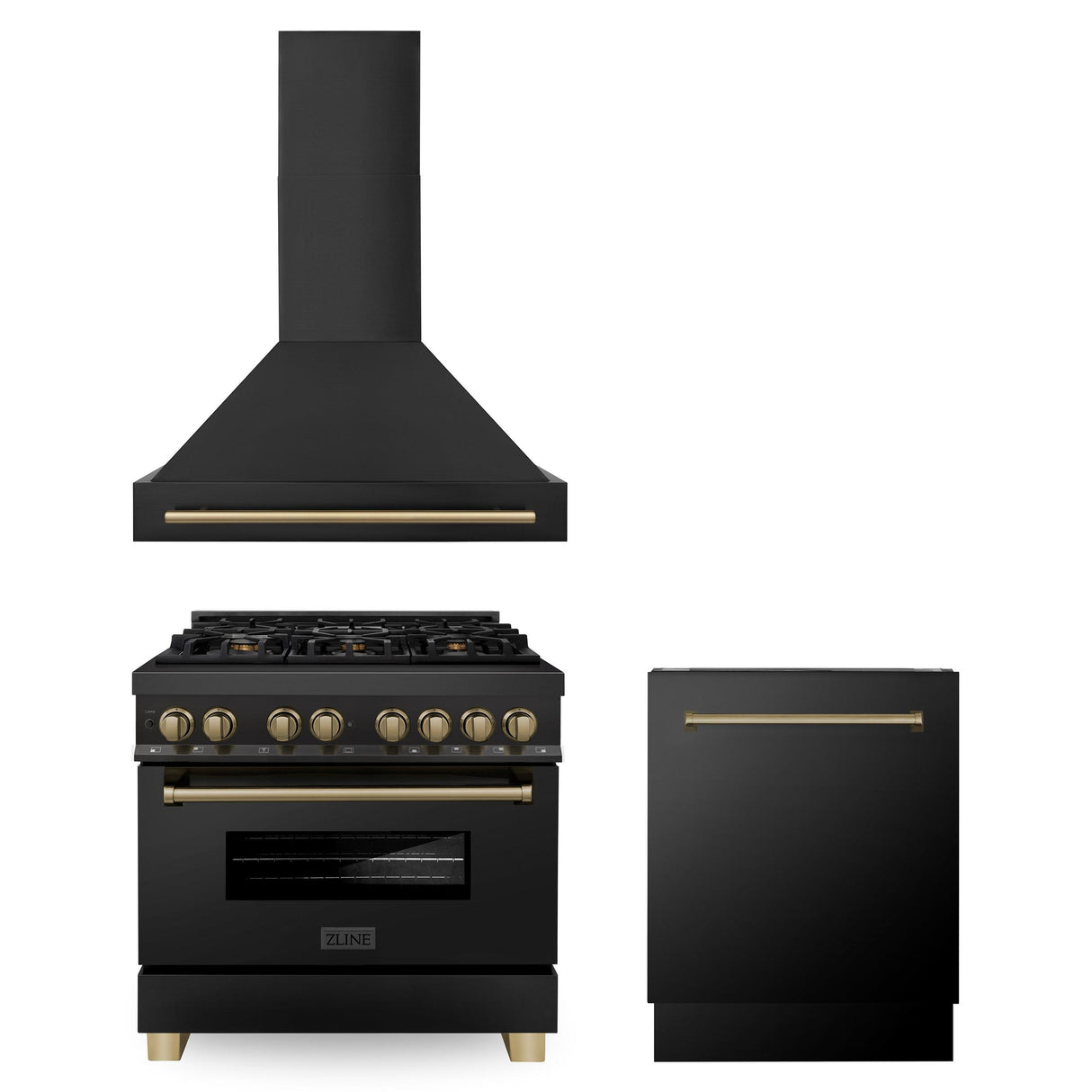 ZLINE 36" Autograph Edition Kitchen Package with Black Stainless Steel Dual Fuel Range, Range Hood and Dishwasher with Champagne Bronze Accents (3AKP-RABRHDWV36-CB) - (3AKPRABRHDWV36CB)