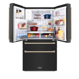 ZLINE 36" Autograph Edition 21.6 cu. ft 4-Door French Door Refrigerator with Water and Ice Dispenser in Fingerprint Resistant Black Stainless Steel with Traditional Handles [Color: Gold Accents] - (RFMZW36BSG)