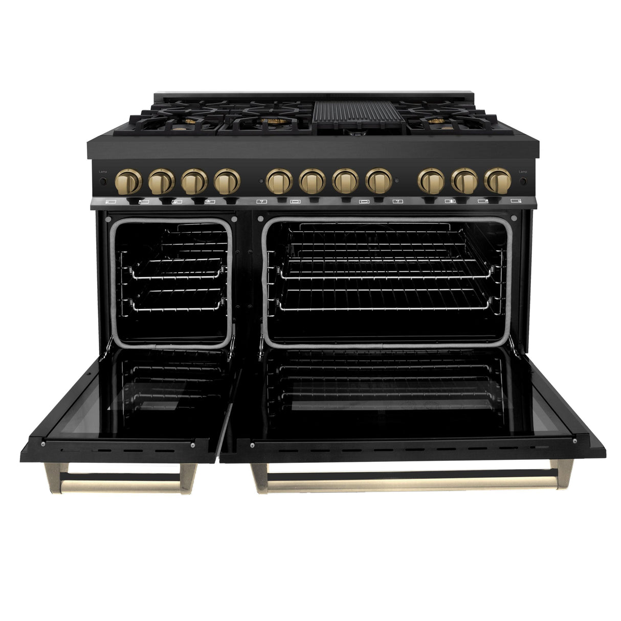 ZLINE Autograph Edition 48" 6.0 cu. ft. Dual Fuel Range with Gas Stove and Electric Oven in Black Stainless Steel with Accents (RABZ-48) [Color: Champagne Bronze] - (RABZ48CB)