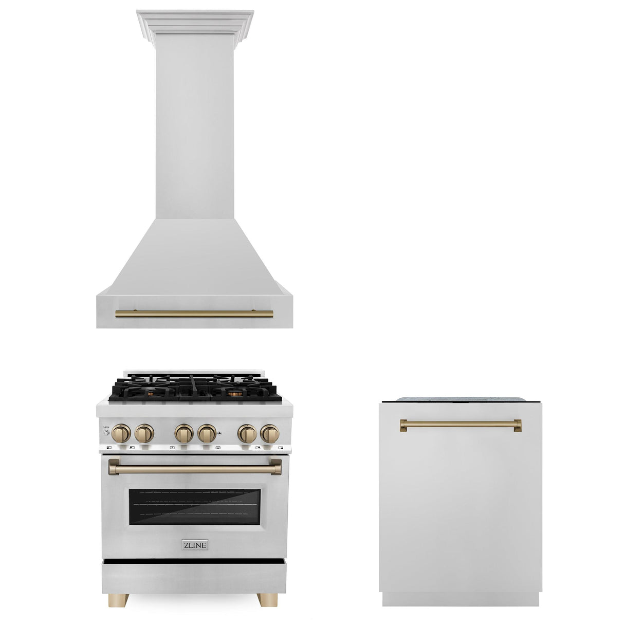 ZLINE 30" Autograph Edition Kitchen Package with Stainless Steel Dual Fuel Range, Range Hood and Dishwasher with Champagne Bronze Accents (3AKP-RARHDWM30-CB) - (3AKPRARHDWM30CB)