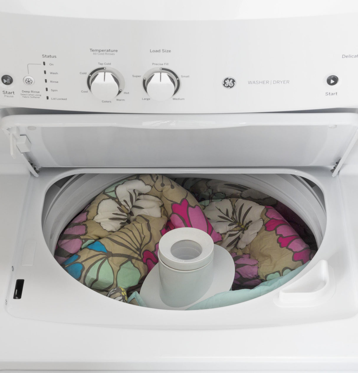 GE Unitized Spacemaker(R) 3.8 cu. ft. Capacity Washer with Stainless Steel Basket and 5.9 cu. ft. Capacity Gas Dryer - (GUD27GSSMWW)