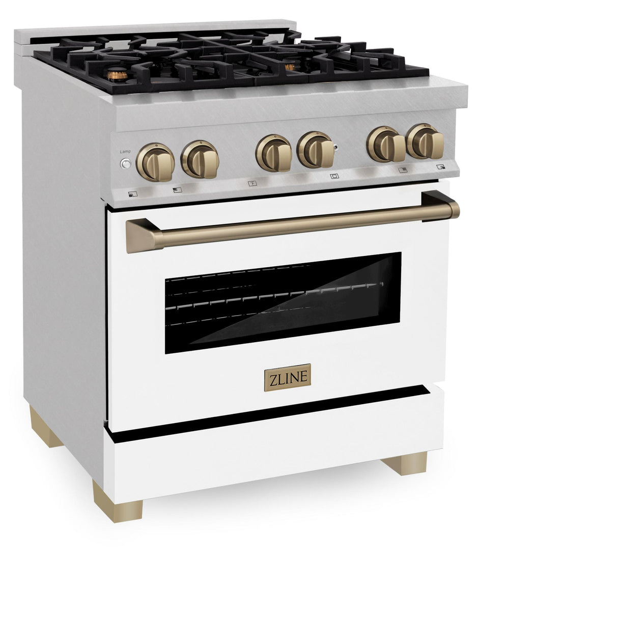 ZLINE Autograph Edition 30" 4.0 cu. ft. Dual Fuel Range with Gas Stove and Electric Oven in DuraSnow Stainless Steel with White Matte Door and Accents (RASZ-WM-30) [Color: Champagne] - (RASZWM30CB)