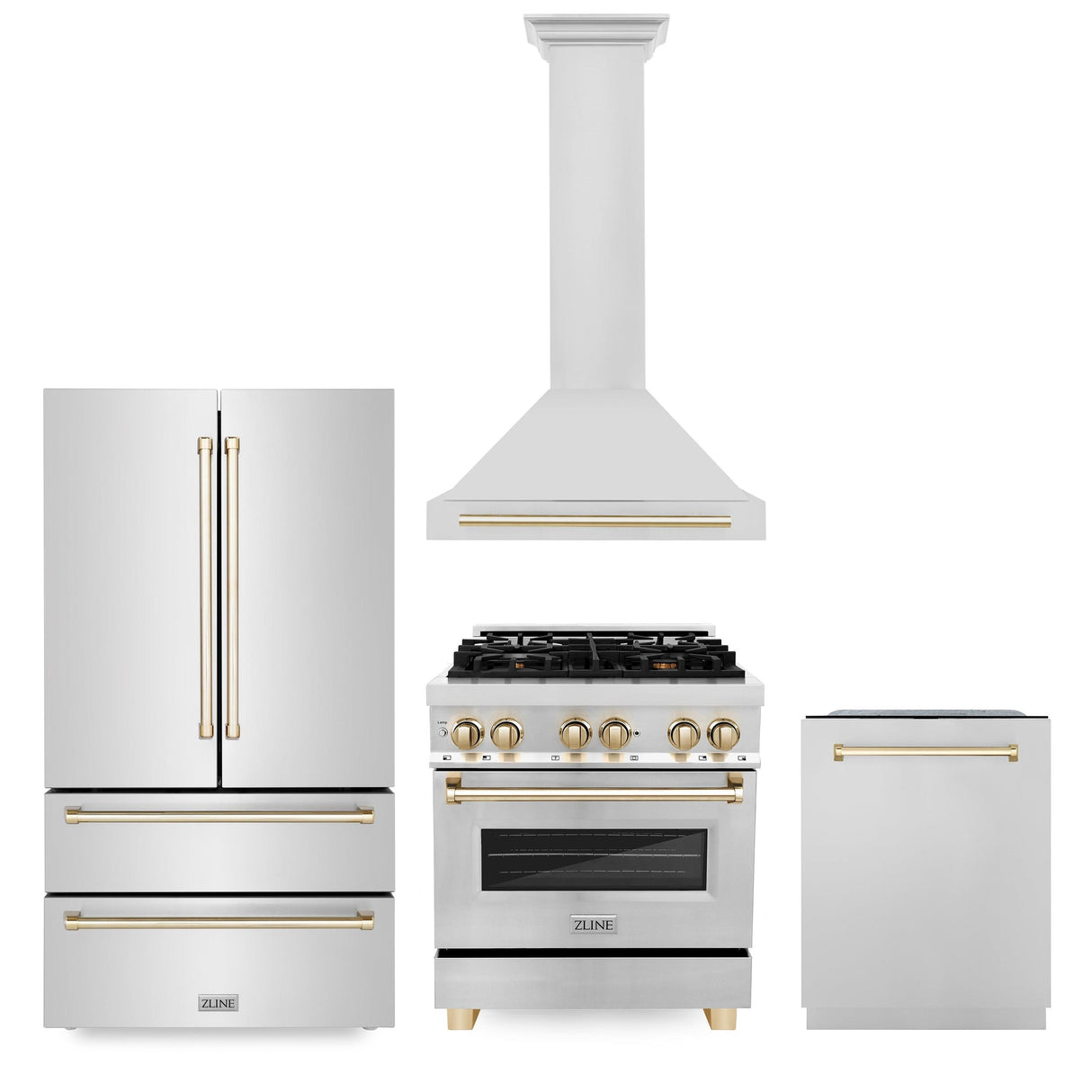 ZLINE 30" Autograph Edition Kitchen Package with Stainless Steel Dual Fuel Range, Range Hood, Dishwasher and Refrigeration with Polished Gold Accents (4KAPR-RARHDWM30-G) - (4KAPRRARHDWM30G)