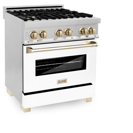 ZLINE Autograph Edition 30 in. 4.0 cu. ft. Dual Fuel Range with Gas Stove and Electric Oven in Stainless Steel with White Matte Door and Accents (RAZ-WM-30) [Color: Gold] - (RAZWM30G)