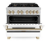 ZLINE Autograph Edition 36" 4.6 cu. ft. Dual Fuel Range with Gas Stove and Electric Oven in Stainless Steel with White Matte Door and Accents (RAZ-WM-36) [Color: Polished Gold Accents] - (RAZWM36G)