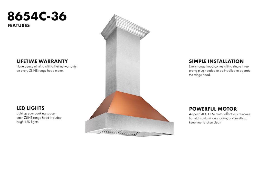 ZLINE Ducted DuraSnow Stainless Steel Range Hood with Copper Shell (8654C) - (8654C36)