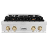 ZLINE Autograph Edition 30" Porcelain Rangetop with 4 Gas Burners in Fingerprint Resistant Stainless Steel and Polished Gold Accents (RTSZ-30-G) - (RTSZ30G)