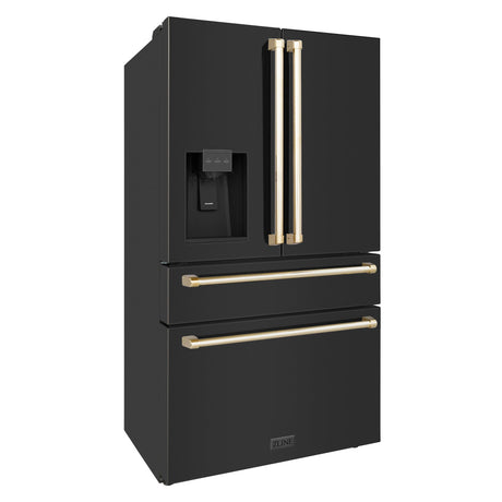 ZLINE 36" Autograph Edition 21.6 cu. ft 4-Door French Door Refrigerator with Water and Ice Dispenser in Fingerprint Resistant Black Stainless Steel with Traditional Handles [Color: Gold Accents] - (RFMZW36BSG)