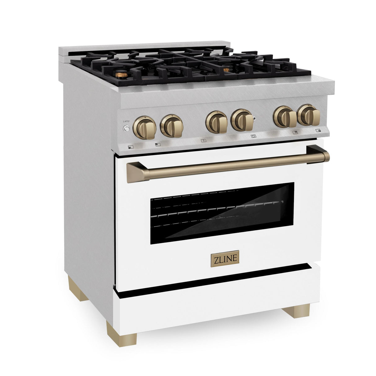 ZLINE Autograph Edition 30" 4.0 cu. ft. Dual Fuel Range with Gas Stove and Electric Oven in DuraSnow Stainless Steel with White Matte Door and Accents (RASZ-WM-30) [Color: Champagne] - (RASZWM30CB)