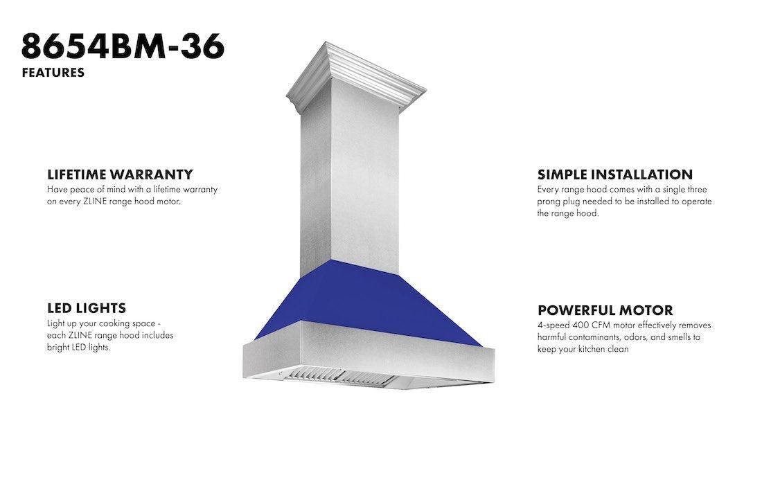 ZLINE Ducted DuraSnow Stainless Steel Range Hood with Blue Matte Shell (8654BM) - (8654BM30)