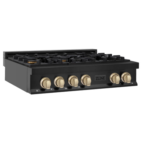 ZLINE Autograph Edition 36 in. Porcelain Rangetop with 6 Gas Burners in Black Stainless Steel and Polished Gold Accents (RTBZ-36-G) - (RTBZ36G)