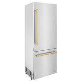 Products ZLINE 30? Autograph Edition 16.1 cu. ft. Built-in 2-Door Bottom Freezer Refrigerator with Internal Water and Ice Dispenser in Stainless Steel with Polished Gold Accents (RBIVZ-304-30-G) - (RBIVZ30430G)