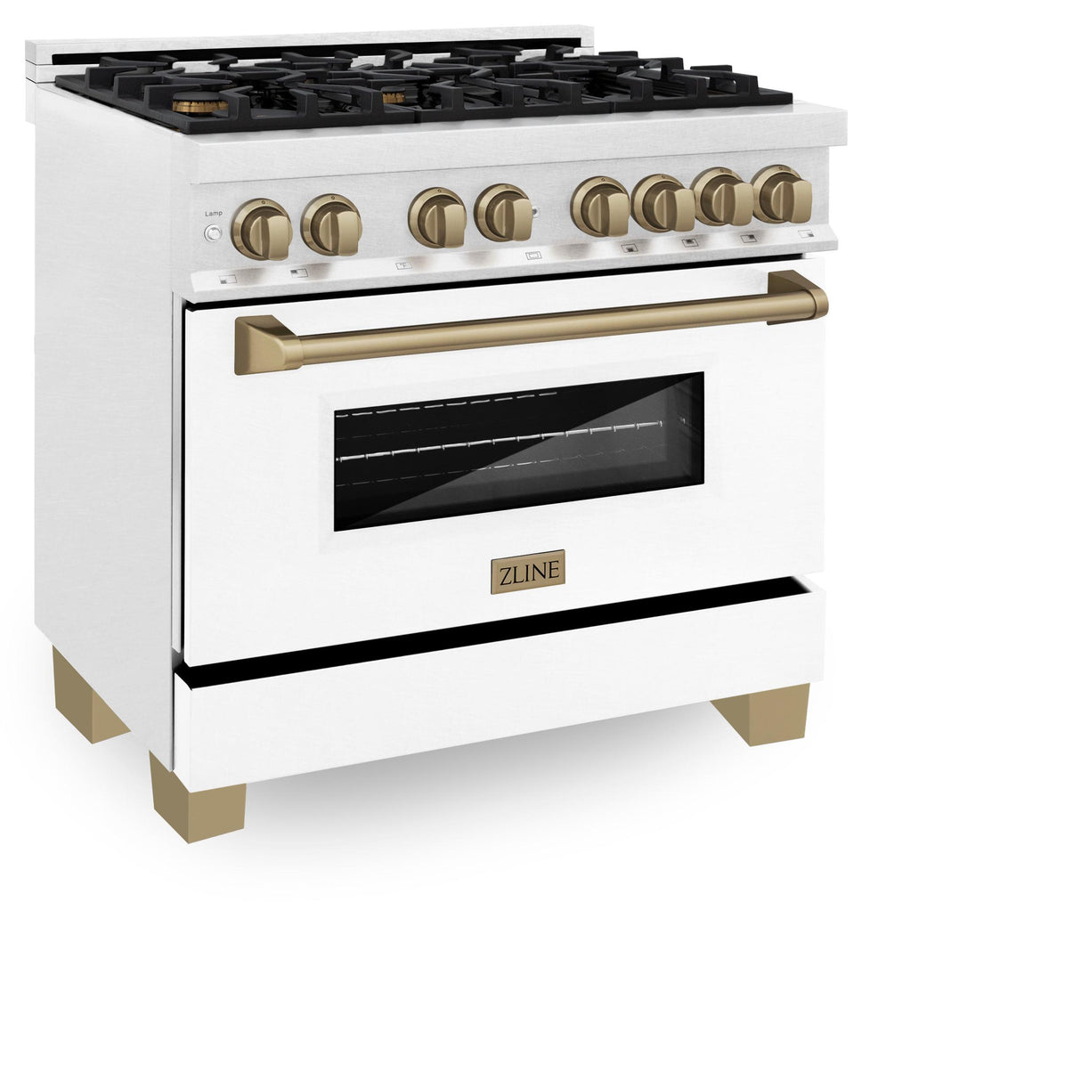 ZLINE Autograph Edition 36" 4.6 cu. ft. Dual Fuel Range with Gas Stove and Electric Oven in DuraSnow Stainless Steel with White Matte Door and Accents (RASZ-WM-36) [Color: Champagne Bronze] - (RASZWM36CB)