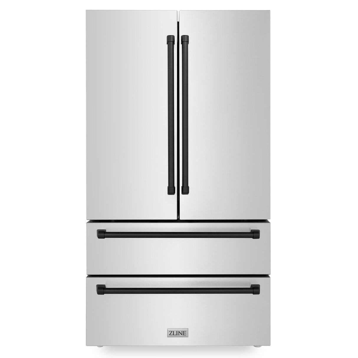 ZLINE 36" Autograph Edition 22.5 cu. ft 4-Door French Door Refrigerator with Ice Maker in Fingerprint Resistant Stainless Steel with Traditional Handles [Color: Matte Black Accents] - (RFMZ36MB)