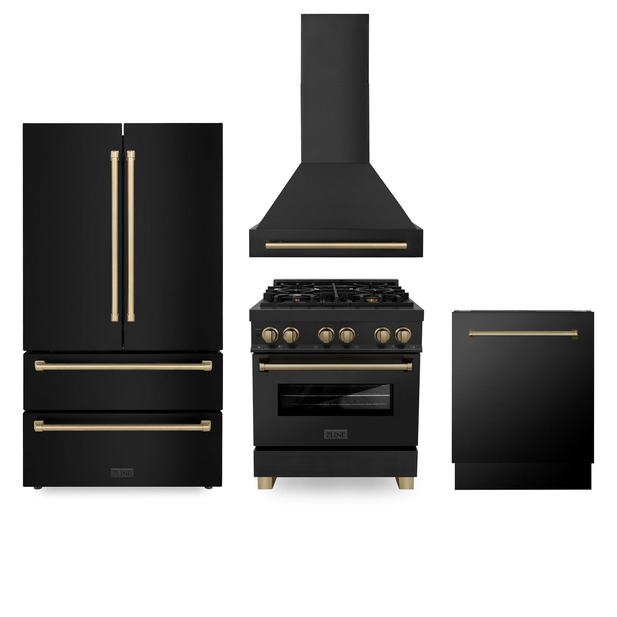 ZLINE 30" Autograph Edition Kitchen Package with Black Stainless Steel Dual Fuel Range, Range Hood, Dishwasher and Refrigeration with Champagne Bronze Accents (4AKPR-RABRHDWV30-CB) - (4AKPRRABRHDWV30CB)