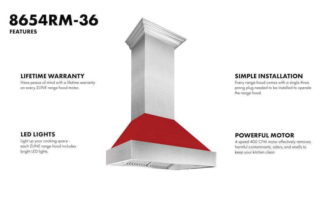 ZLINE Ducted DuraSnow Stainless Steel Range Hood with Red Matte Shell (8654RM) - (8654RM30)