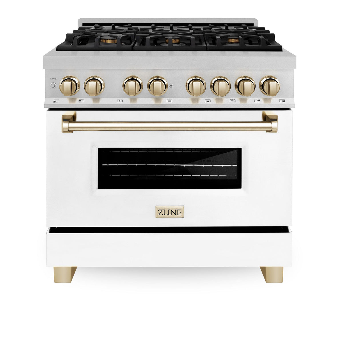 ZLINE Autograph Edition 36" 4.6 cu. ft. Dual Fuel Range with Gas Stove and Electric Oven in DuraSnow Stainless Steel with White Matte Door and Accents (RASZ-WM-36) [Color: Gold] - (RASZWM36G)