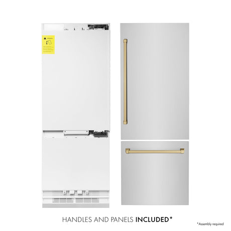 ZLINE 30" Autograph Edition 16.1 cu. ft. Built-in 2-Door Bottom Freezer Refrigerator with Internal Water and Ice Dispenser in Stainless Steel with Champagne Bronze Accents (RBIVZ-304-30-CB) - (RBIVZ30430CB)