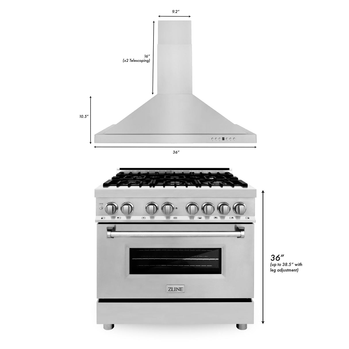 ZLINE 36 in. Kitchen Package with Stainless Steel Dual Fuel Range and Convertible Vent Range Hood (2KP-RARH36) - (2KPRARH36)