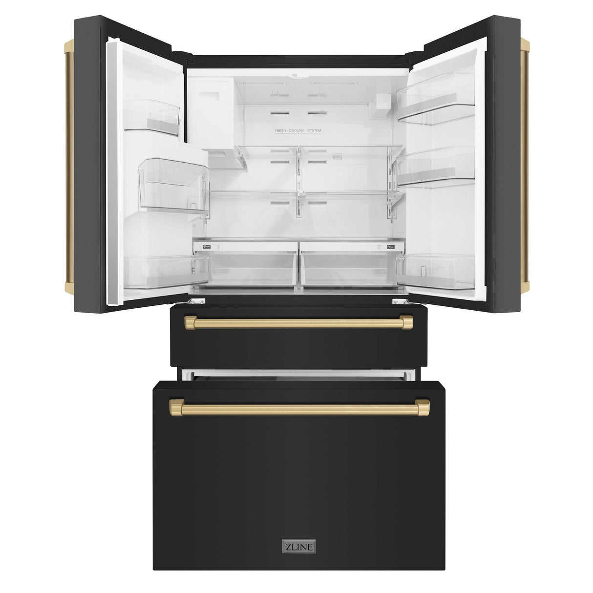 ZLINE 36" Autograph Edition 21.6 cu. ft 4-Door French Door Refrigerator with Water and Ice Dispenser in Fingerprint Resistant Black Stainless Steel with Traditional Handles [Color: Champagne Bronze Accents] - (RFMZW36BSCB)