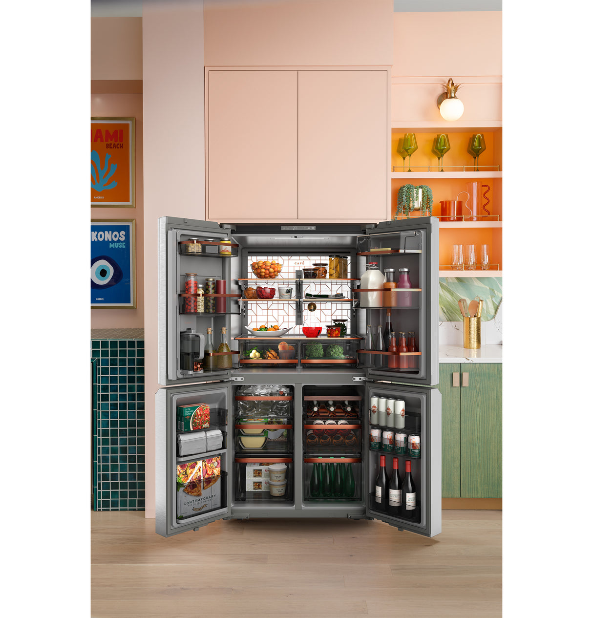 Caf(eback)(TM) ENERGY STAR(R) 27.4 Cu. Ft. Smart Quad-Door Refrigerator in Platinum Glass with Dual-Dispense AutoFill Pitcher - (CAE28DM5TS5)