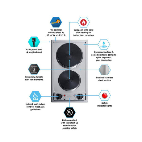 12" Wide 115v 2-burner Solid Disk Cooktop - (CSD2B115)