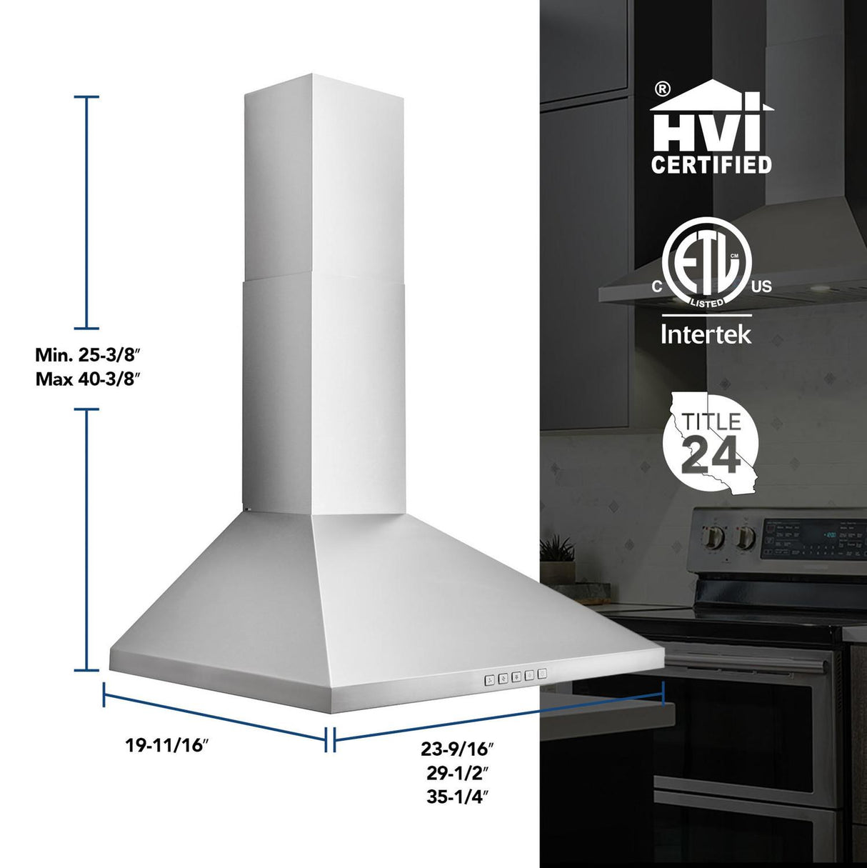 Broan(R) 24-Inch Convertible Wall-Mount Pyramidal Chimney Range Hood, 450 Max CFM, Stainless Steel - (BWP1244SS)