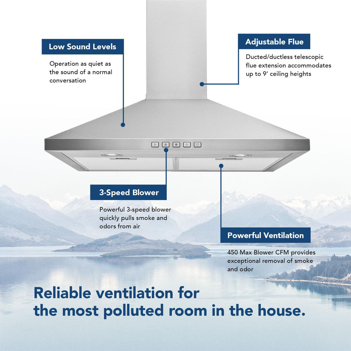 Broan(R) 24-Inch Convertible Wall-Mount Pyramidal Chimney Range Hood, 450 Max CFM, Stainless Steel - (BWP1244SS)