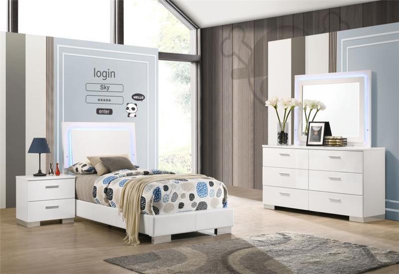 Felicity 4-piece Twin Bedroom Set With LED Headboard and Mirror Glossy White - (203500TS4L)