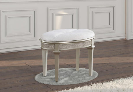 Evangeline Oval Vanity Stool With Faux Diamond Trim Silver and Ivory - (223399)