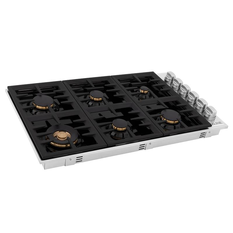 ZLINE Dropin Cooktop in Stainless Steel (Gas) (RC36-PBT) [Color: ZLINE 36" Gas Cooktop with 6 Gas Brass Burners and Black Porcelain Top (RC-BR-36-PBT)] - (RCBR36PBT)