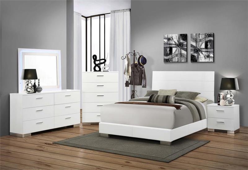 Felicity 5-piece Eastern King Bedroom Set With LED Mirror Glossy White - (203501KES5L)