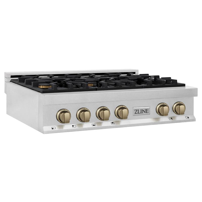 ZLINE Autograph Edition 36 in. Porcelain Rangetop with 6 Gas Burners in DuraSnow Stainless Steel with Accents (RTSZ-36) [Color: Champagne Bronze] - (RTSZ36CB)