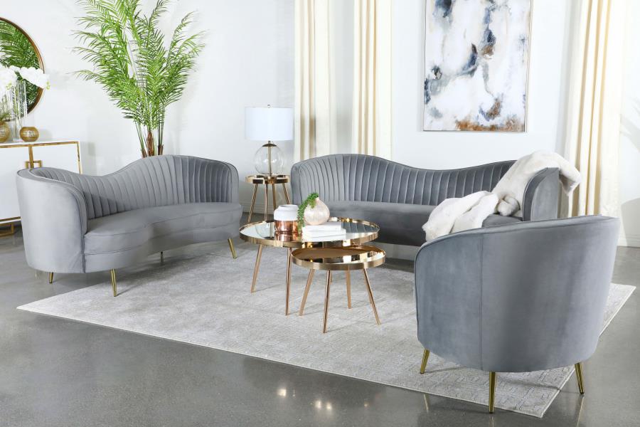 Sophia Upholstered Sofa With Camel Back Grey and Gold - (506864)