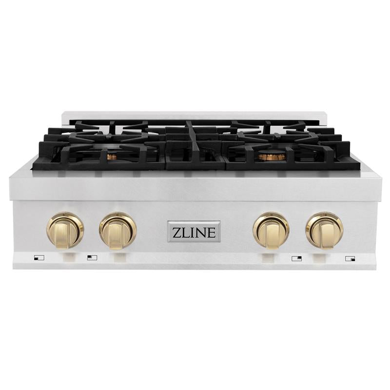 ZLINE Autograph Edition 30 in. Porcelain Rangetop with 4 Gas Burners in DuraSnow Stainless Steel with Accents (RTSZ-30) [Color: Gold Accents] - (RTSZ30G)