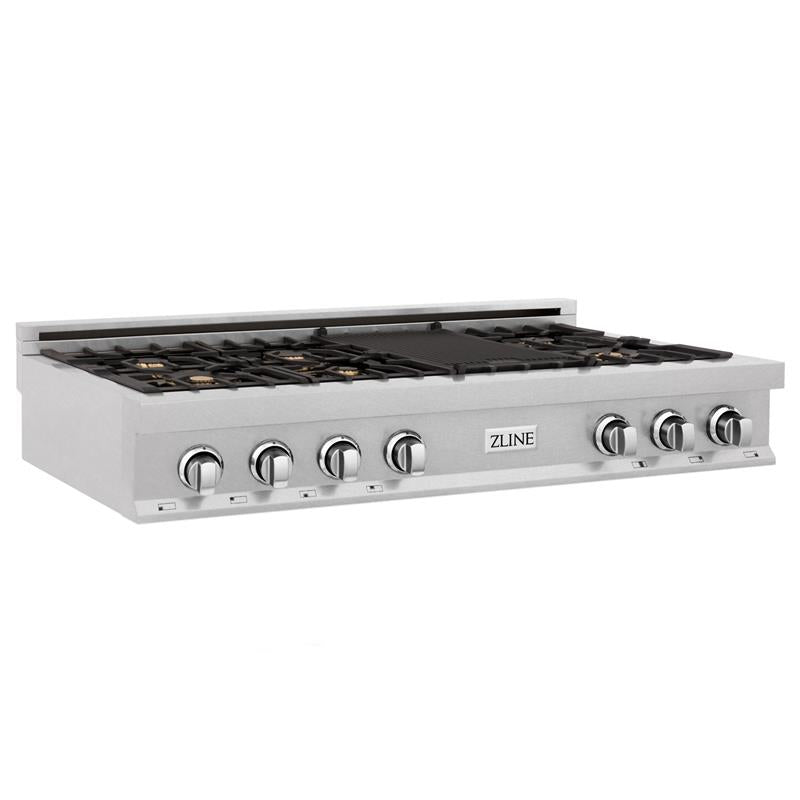 ZLINE 48 in. Porcelain Gas Stovetop in DuraSnow Stainless Steel with 7 Gas Burners and Griddle (RTS-48) Available with Brass Burners [Color: DuraSnow Stainless Steel with Brass Burners] - (RTSBR48)