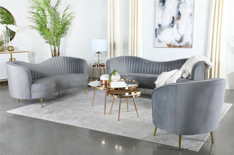 Sophia 3-piece Upholstered Living Room Set With Camel Back Grey and Gold - (506864S3)