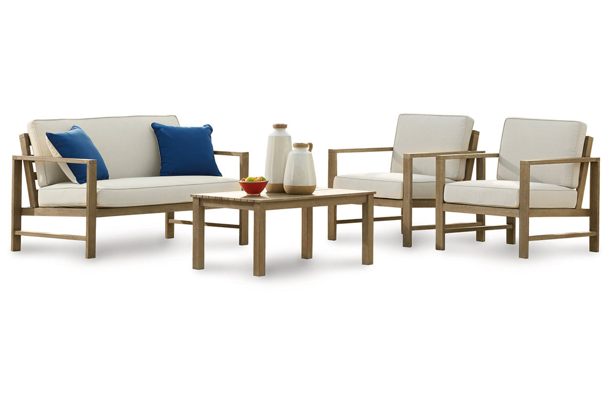 Fynnegan Outdoor Loveseat, 2 Lounge Chairs and Coffee Table - (P349P1)