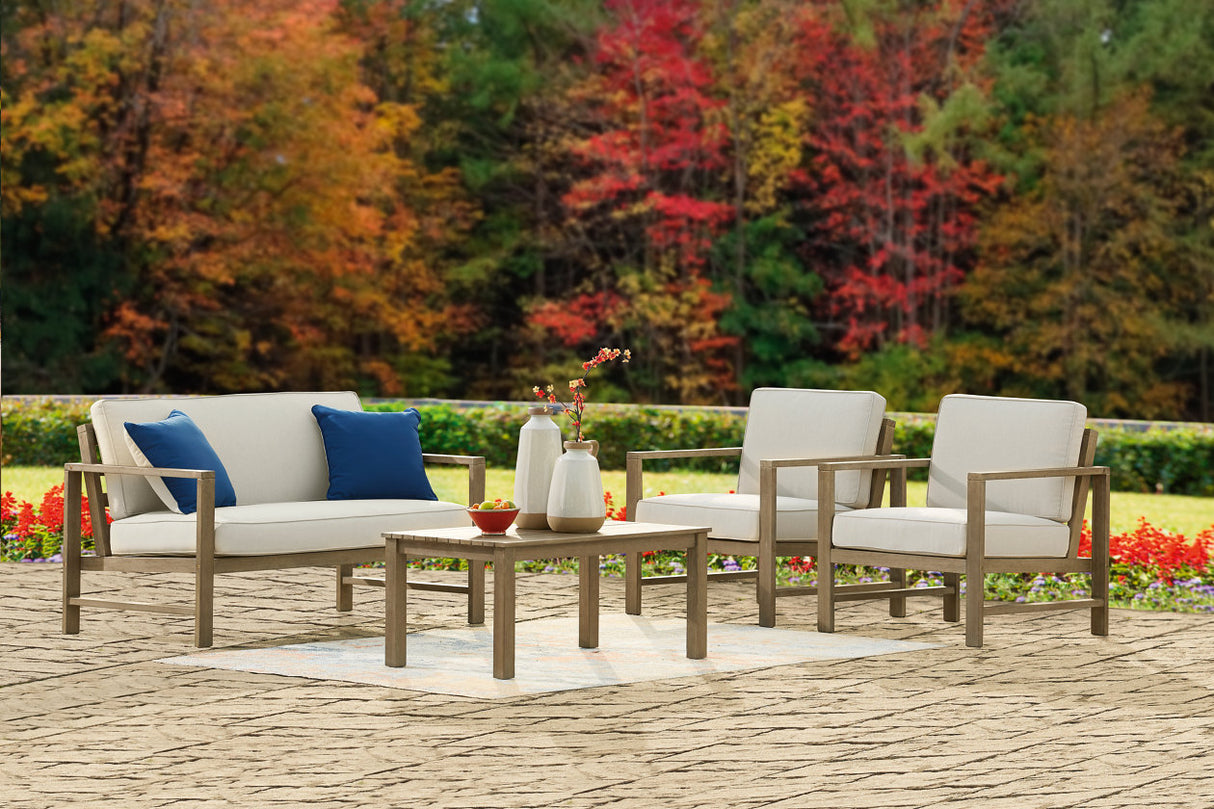 Fynnegan Outdoor Loveseat, 2 Lounge Chairs and Coffee Table - (P349P1)