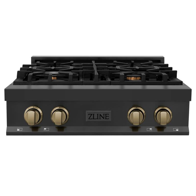 ZLINE Autograph Edition 30 in. Porcelain Rangetop with 4 Gas Burners in Black Stainless Steel and Accents (RTBZ-30) [Color: Champagne Bronze Accents] - (RTBZ30CB)