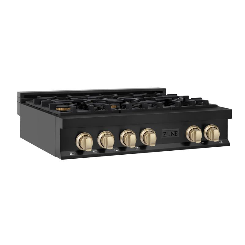 ZLINE Autograph Edition 36 in. Porcelain Rangetop with 6 Gas Burners in Black Stainless Steel and Accent Options (RTBZ-36) [Color: Gold] - (RTBZ36G)