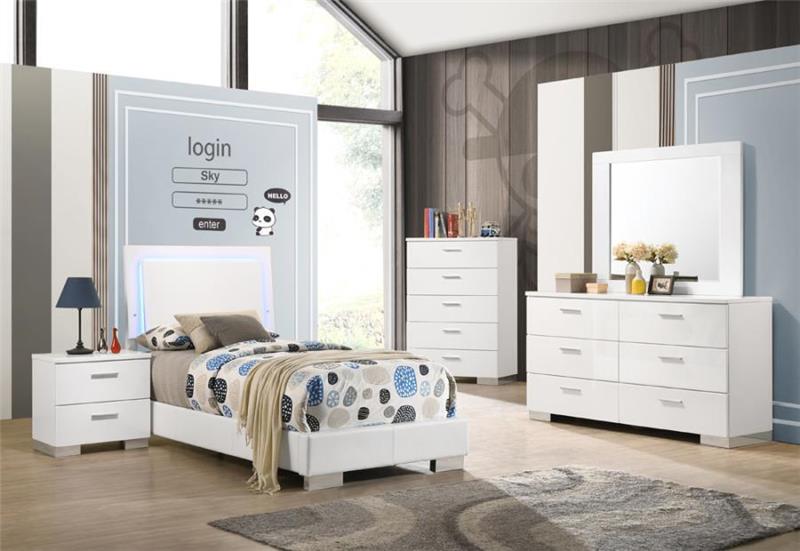 Felicity 5-piece Twin Bedroom Set With LED Headboard Glossy White - (203500TS5)