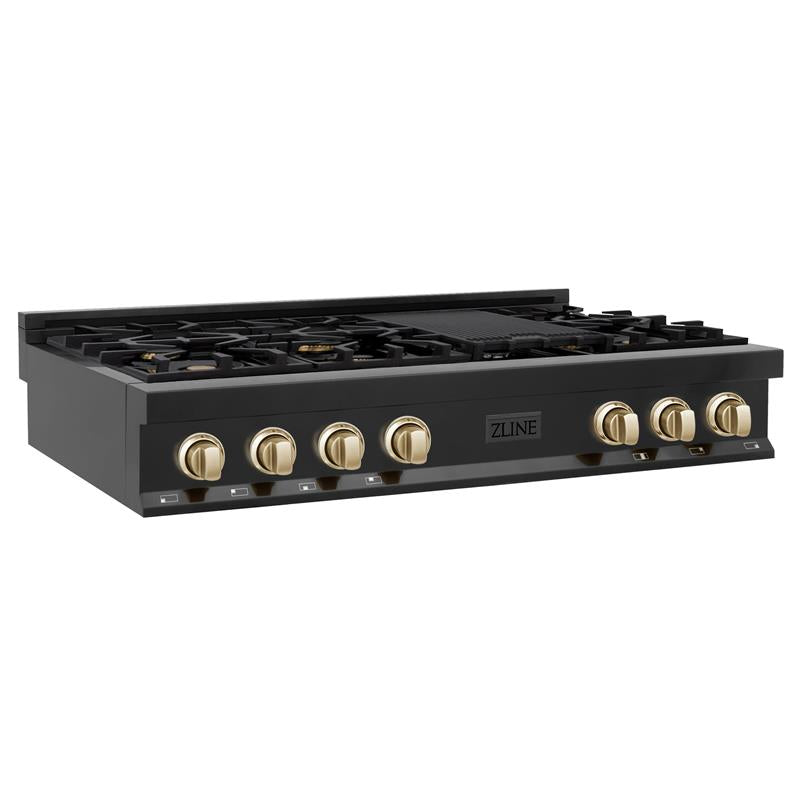 ZLINE Autograph Edition 48 in. Porcelain Rangetop with 7 Gas Burners in Black Stainless Steel and Accents (RTBZ-48) [Color: Gold] - (RTBZ48G)