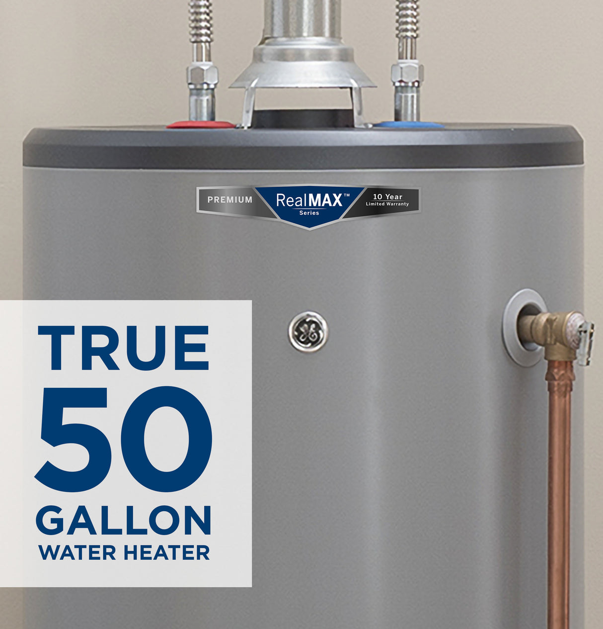 GE RealMAX Premium 50-Gallon Tall Natural Gas Atmospheric Water Heater - (GG50T10BXR)